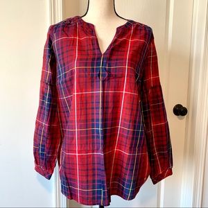 TOMMY HILFIGER Cotton Bubble Sleeve Plaid V-Neck—L
